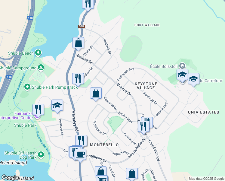 map of restaurants, bars, coffee shops, grocery stores, and more near 36 Columbo Drive in Dartmouth