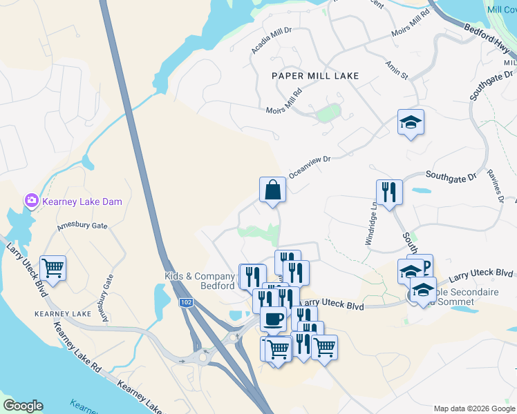 map of restaurants, bars, coffee shops, grocery stores, and more near 10 Kaytyon Court in Bedford