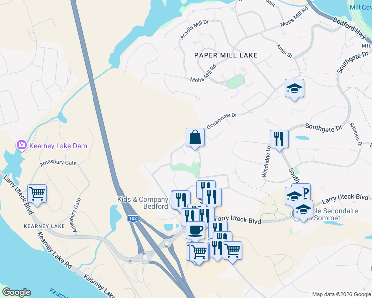 map of restaurants, bars, coffee shops, grocery stores, and more near 10 Kaytyon Court in Bedford