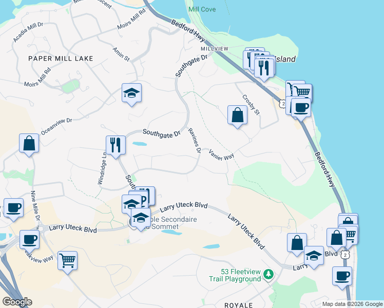 map of restaurants, bars, coffee shops, grocery stores, and more near 15 Kingsbury Way in Bedford