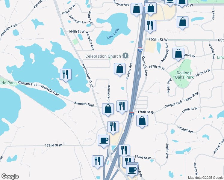 map of restaurants, bars, coffee shops, grocery stores, and more near 16940 Kenmore Drive in Lakeville