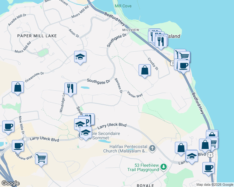 map of restaurants, bars, coffee shops, grocery stores, and more near 15 Kingsbury Way in Bedford
