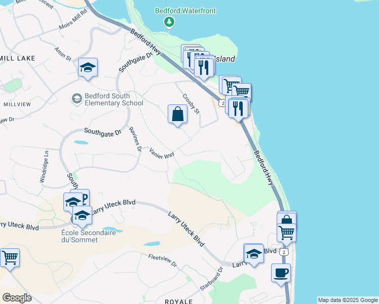 map of restaurants, bars, coffee shops, grocery stores, and more near 28 Rochdale Place in Bedford