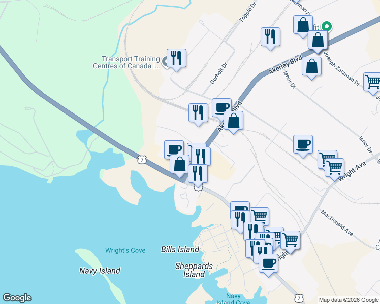 map of restaurants, bars, coffee shops, grocery stores, and more near 1 Morris Drive in Dartmouth