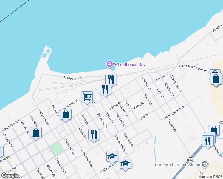 map of restaurants, bars, coffee shops, grocery stores, and more near 1702 Ford St in Ogdensburg
