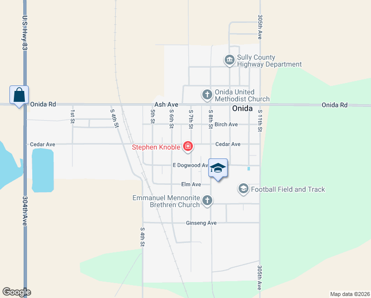 map of restaurants, bars, coffee shops, grocery stores, and more near 301-399 South Main Street in Onida