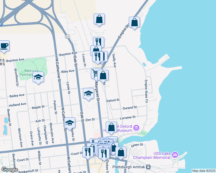 map of restaurants, bars, coffee shops, grocery stores, and more near 3-25 Delord Street in Plattsburgh