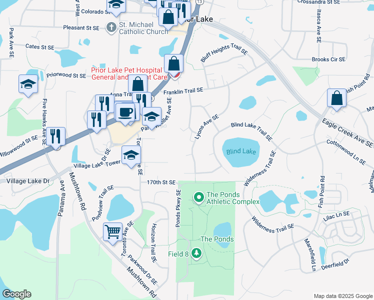 map of restaurants, bars, coffee shops, grocery stores, and more near 16827 Lyons Avenue Southeast in Prior Lake