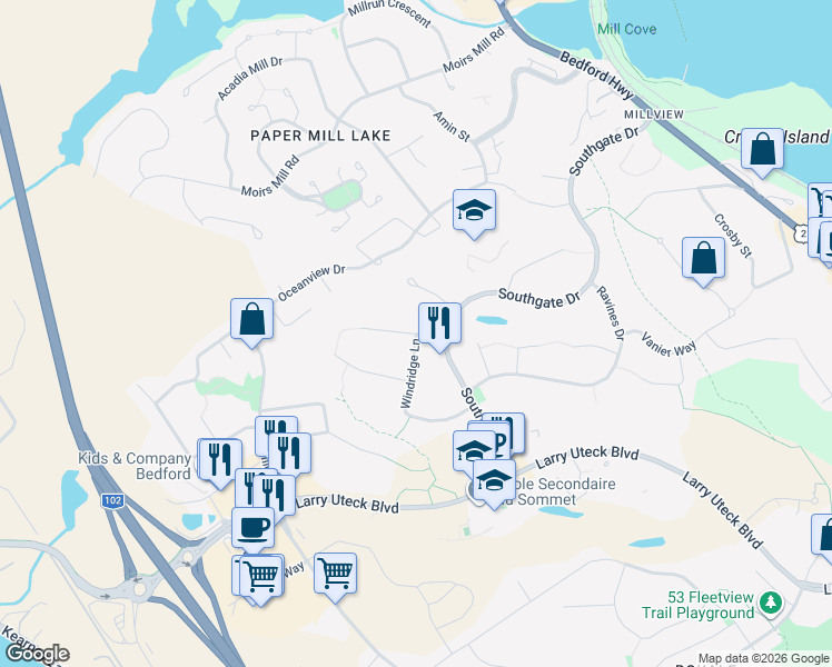 map of restaurants, bars, coffee shops, grocery stores, and more near Stockton Ridge in Bedford