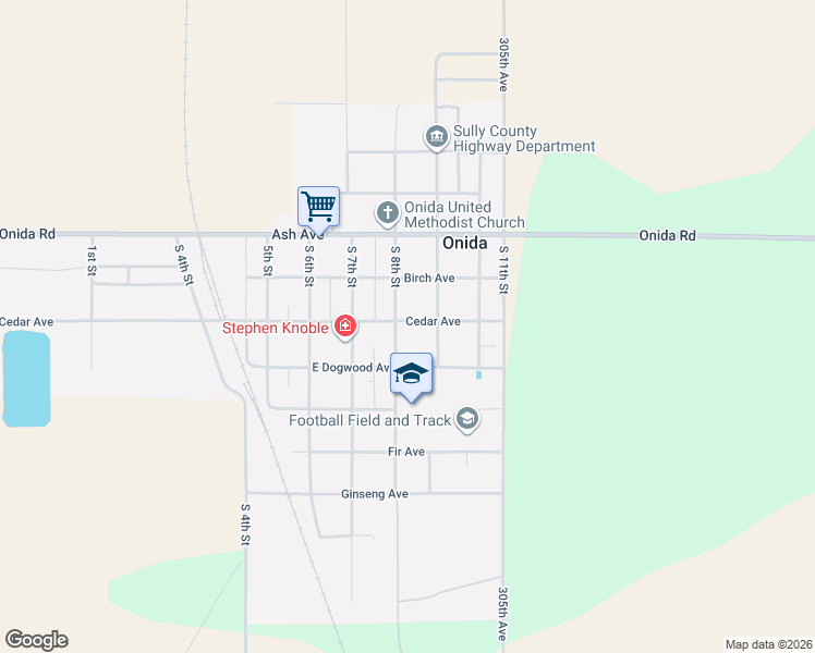map of restaurants, bars, coffee shops, grocery stores, and more near 800-898 Cedar Avenue in Onida