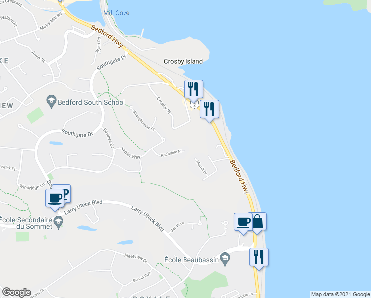 map of restaurants, bars, coffee shops, grocery stores, and more near 84 Rochdale Place in Bedford