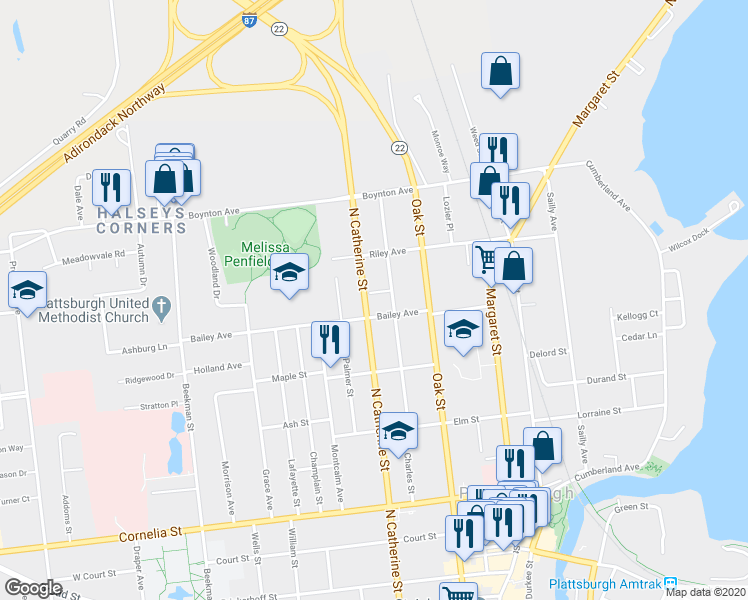 map of restaurants, bars, coffee shops, grocery stores, and more near 34 Tiffany Way in Plattsburgh