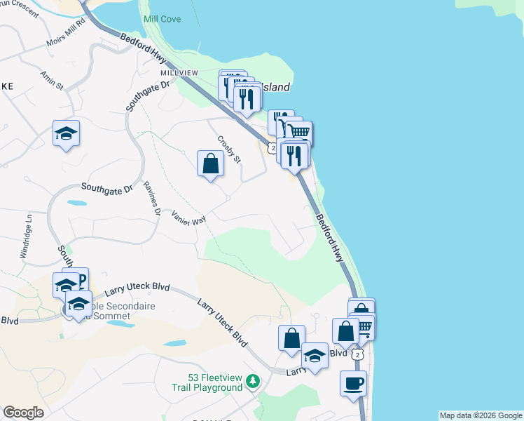 map of restaurants, bars, coffee shops, grocery stores, and more near 84 Rochdale Place in Bedford