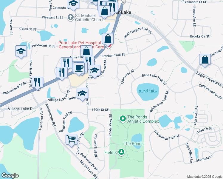 map of restaurants, bars, coffee shops, grocery stores, and more near 4685 Park Nicollet Avenue Southeast in Prior Lake