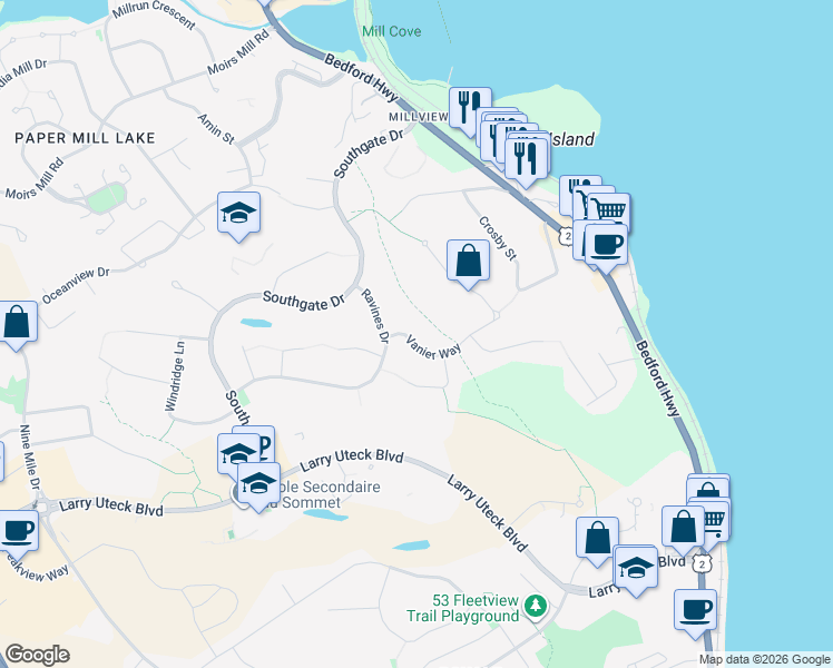 map of restaurants, bars, coffee shops, grocery stores, and more near 24 Vanier Way in Bedford