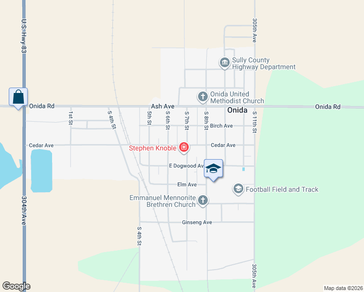 map of restaurants, bars, coffee shops, grocery stores, and more near 301 South Main Street in Onida