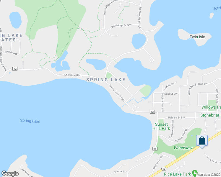 map of restaurants, bars, coffee shops, grocery stores, and more near 2863 Spring Lake Road Southwest in Prior Lake