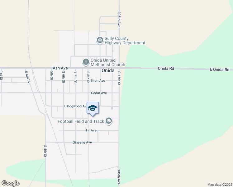 map of restaurants, bars, coffee shops, grocery stores, and more near 301 South 11th Street in Onida