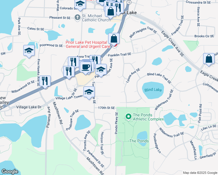 map of restaurants, bars, coffee shops, grocery stores, and more near 4680 Tower Street Southeast in Prior Lake