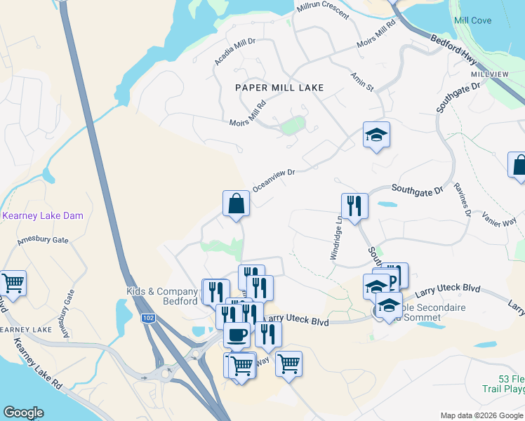 map of restaurants, bars, coffee shops, grocery stores, and more near 29 Jon Jacques Court in Bedford