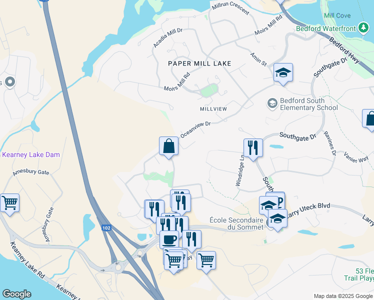 map of restaurants, bars, coffee shops, grocery stores, and more near 29 Jon Jacques Court in Bedford
