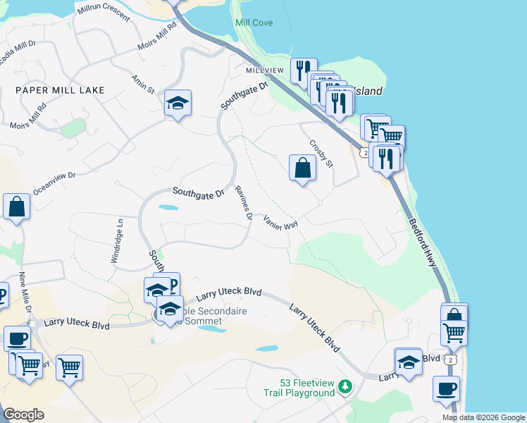 map of restaurants, bars, coffee shops, grocery stores, and more near 24 Vanier Way in Bedford