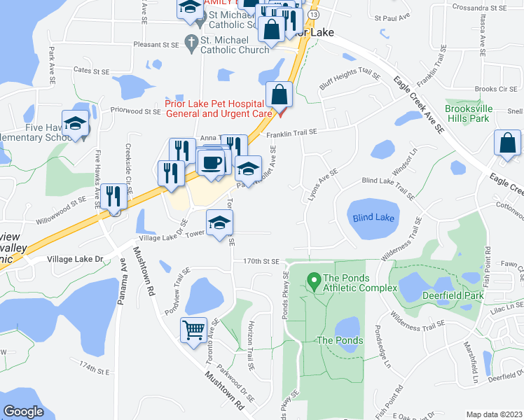 map of restaurants, bars, coffee shops, grocery stores, and more near 4637 Park Nicollet Avenue Southeast in Prior Lake