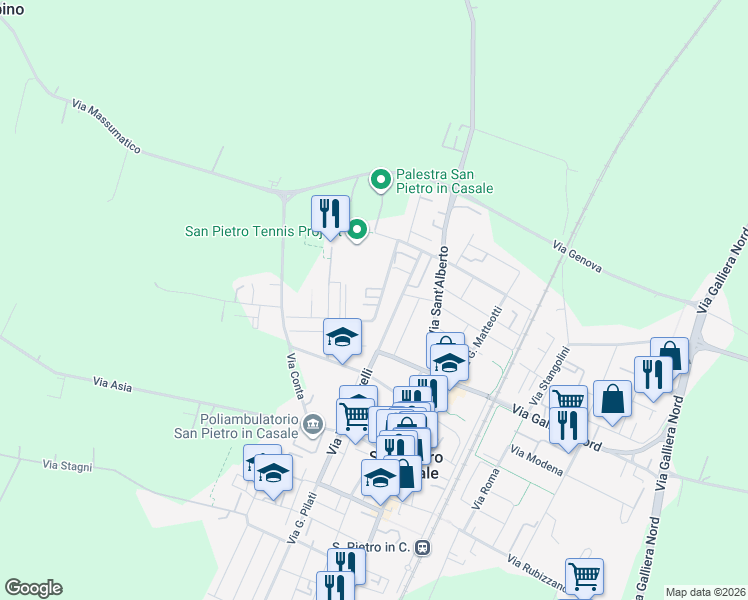 map of restaurants, bars, coffee shops, grocery stores, and more near 9B Via della Cooperazione in San Pietro In Casale