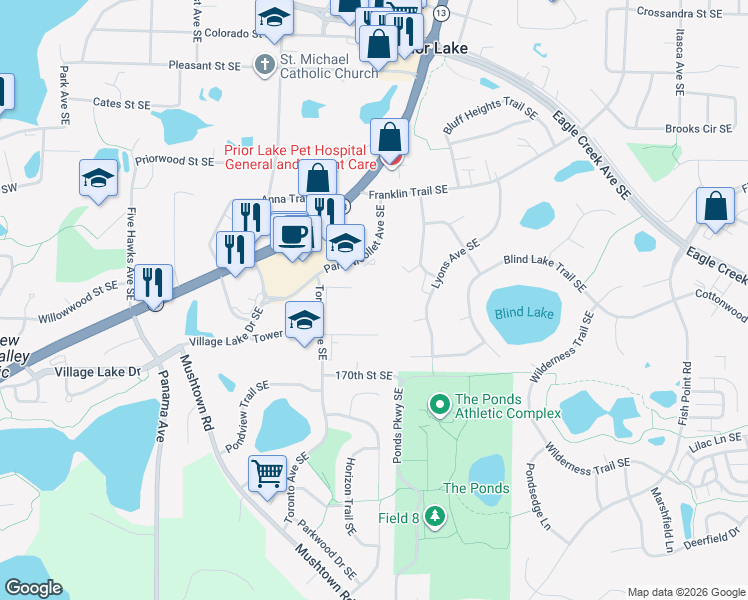 map of restaurants, bars, coffee shops, grocery stores, and more near 4680 Tower Street Southeast in Prior Lake