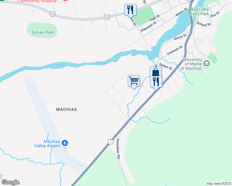 map of restaurants, bars, coffee shops, grocery stores, and more near 27 Smithfield Drive in Machias