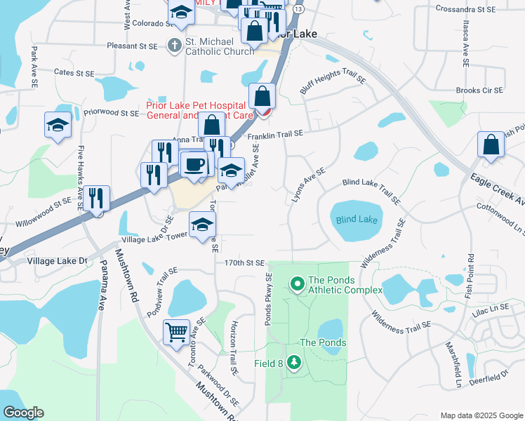 map of restaurants, bars, coffee shops, grocery stores, and more near 4685 Park Nicollet Avenue Southeast in Prior Lake