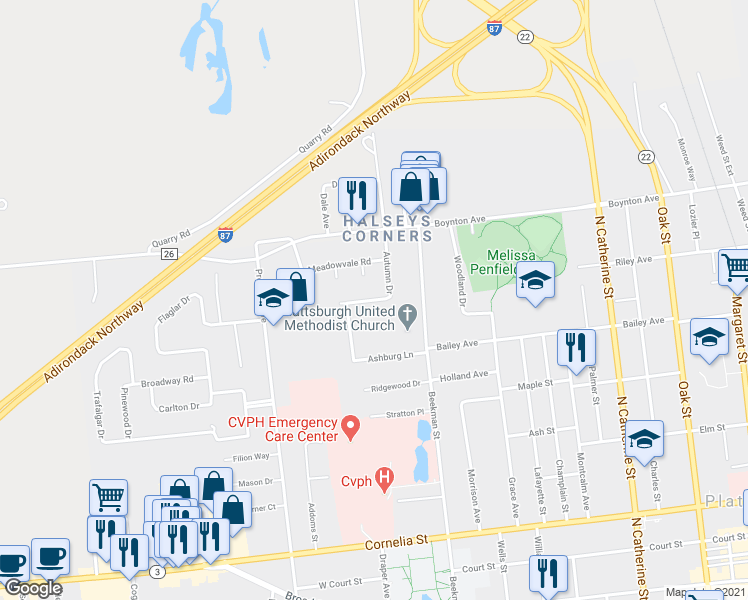 map of restaurants, bars, coffee shops, grocery stores, and more near 14 Kelvin Lane in Plattsburgh