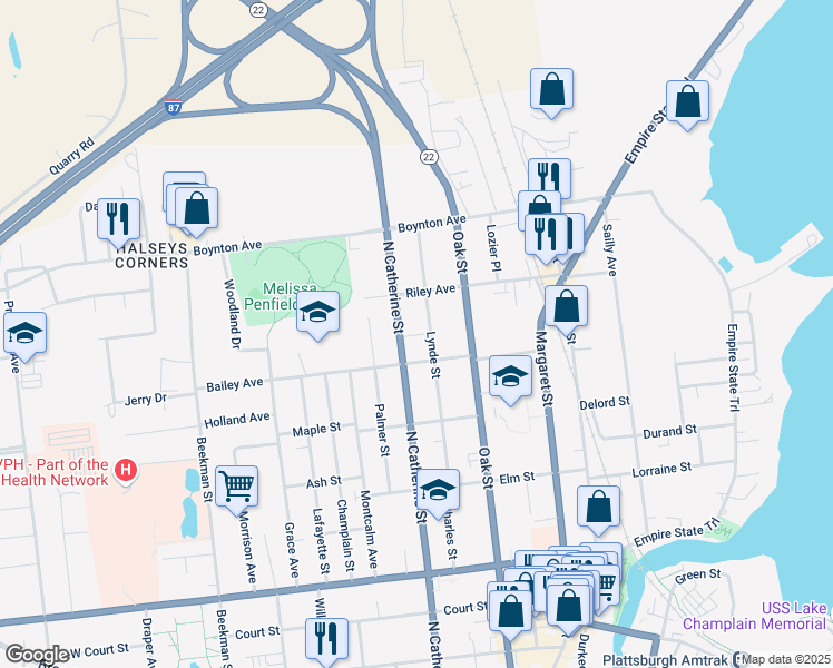 map of restaurants, bars, coffee shops, grocery stores, and more near 14 Bailey Avenue in Plattsburgh