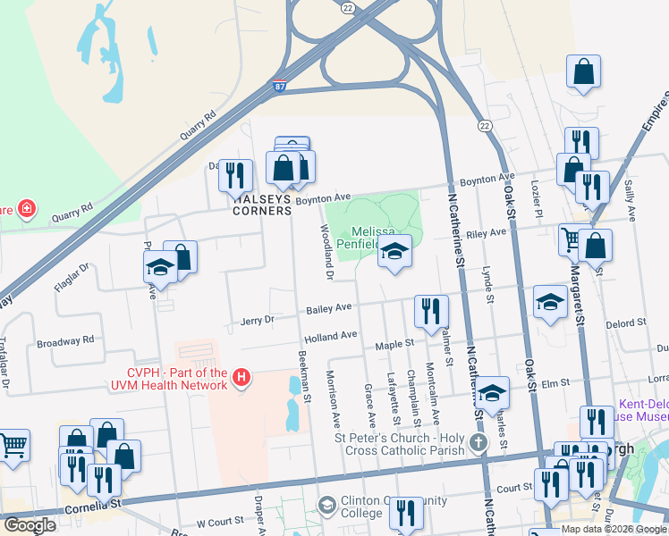 map of restaurants, bars, coffee shops, grocery stores, and more near 14 Woodland Dr in Plattsburgh