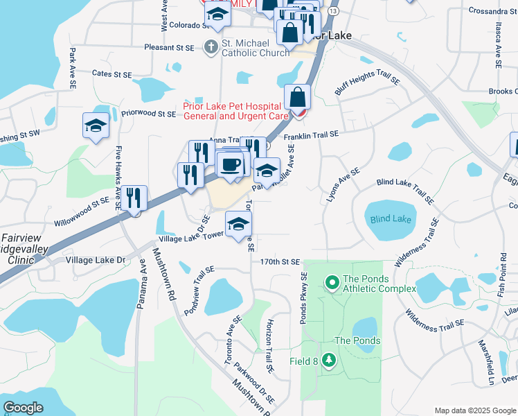 map of restaurants, bars, coffee shops, grocery stores, and more near 16760 Toronto Avenue Southeast in Prior Lake