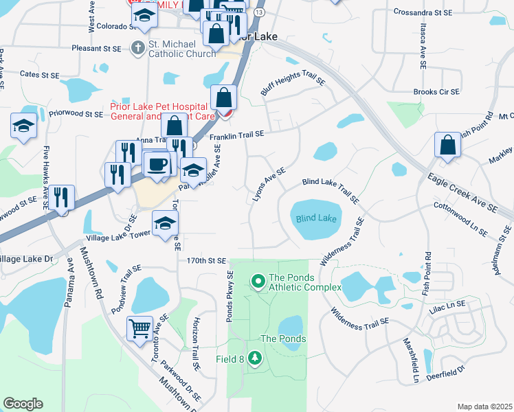 map of restaurants, bars, coffee shops, grocery stores, and more near 16827 Lyons Avenue Southeast in Prior Lake