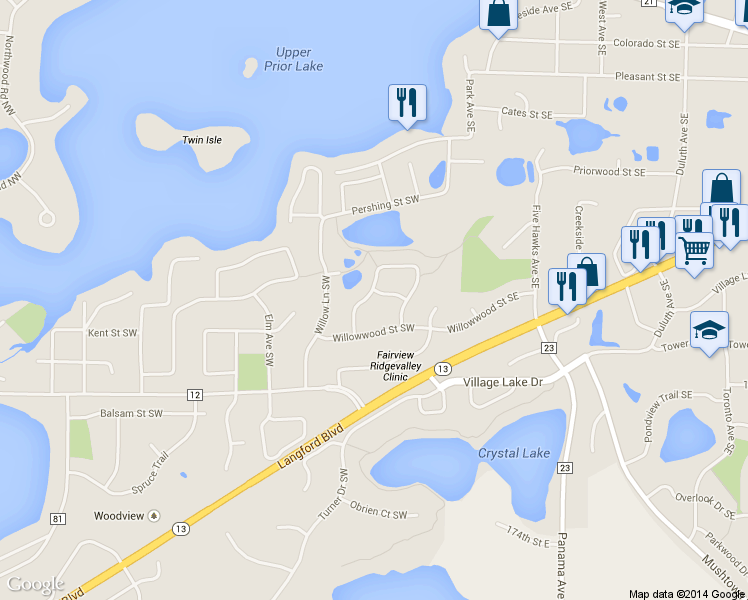 map of restaurants, bars, coffee shops, grocery stores, and more near 3855 Cross Street Southwest in Prior Lake