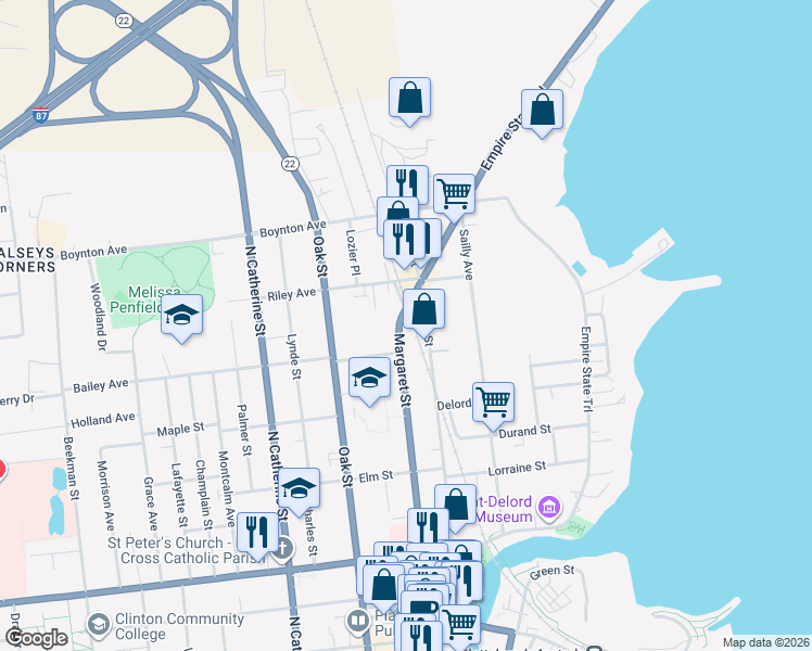 map of restaurants, bars, coffee shops, grocery stores, and more near 272 Margaret Street in Plattsburgh