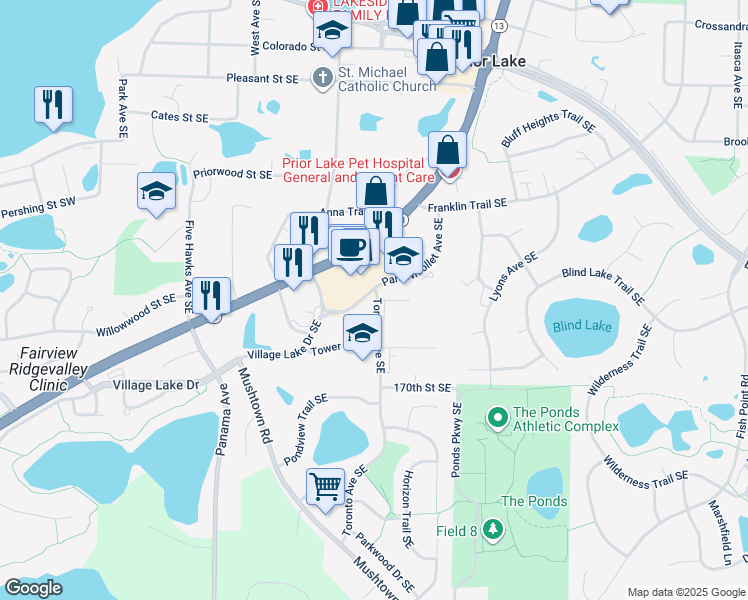 map of restaurants, bars, coffee shops, grocery stores, and more near 16760 Toronto Avenue Southeast in Prior Lake