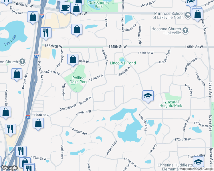 map of restaurants, bars, coffee shops, grocery stores, and more near 16770 Javelin Avenue in Lakeville