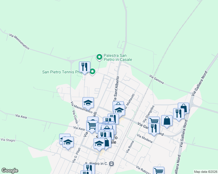 map of restaurants, bars, coffee shops, grocery stores, and more near 24 Via XXV Aprile in San Pietro In Casale