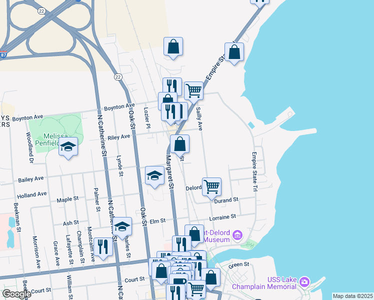map of restaurants, bars, coffee shops, grocery stores, and more near 120 Miller Street in Plattsburgh