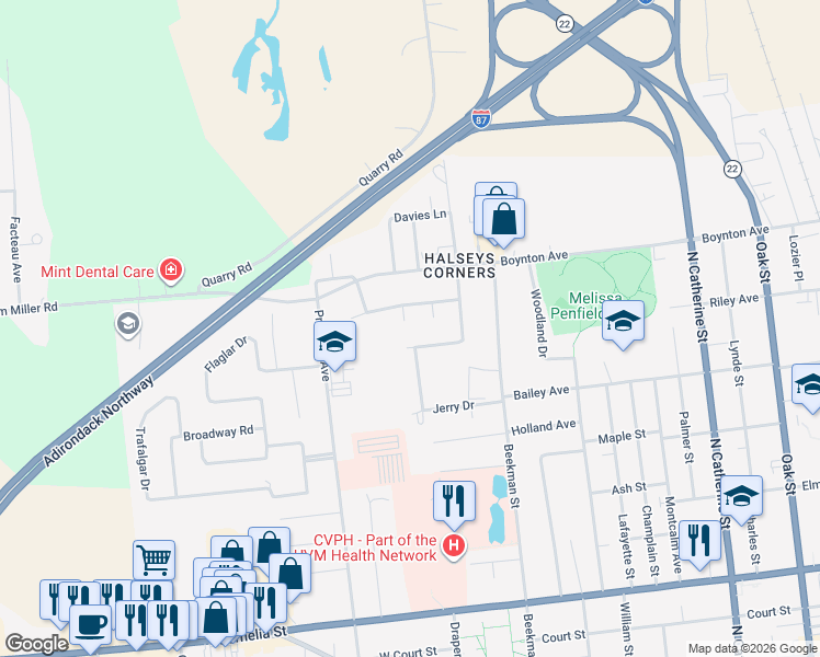 map of restaurants, bars, coffee shops, grocery stores, and more near 4 Circle Grove in Plattsburgh