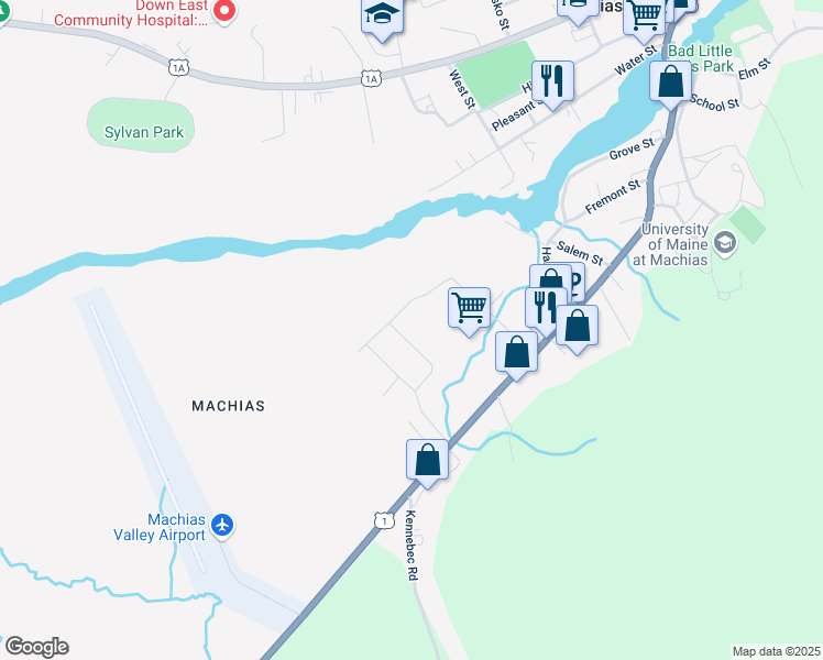 map of restaurants, bars, coffee shops, grocery stores, and more near 27 Smithfield Drive in Machias