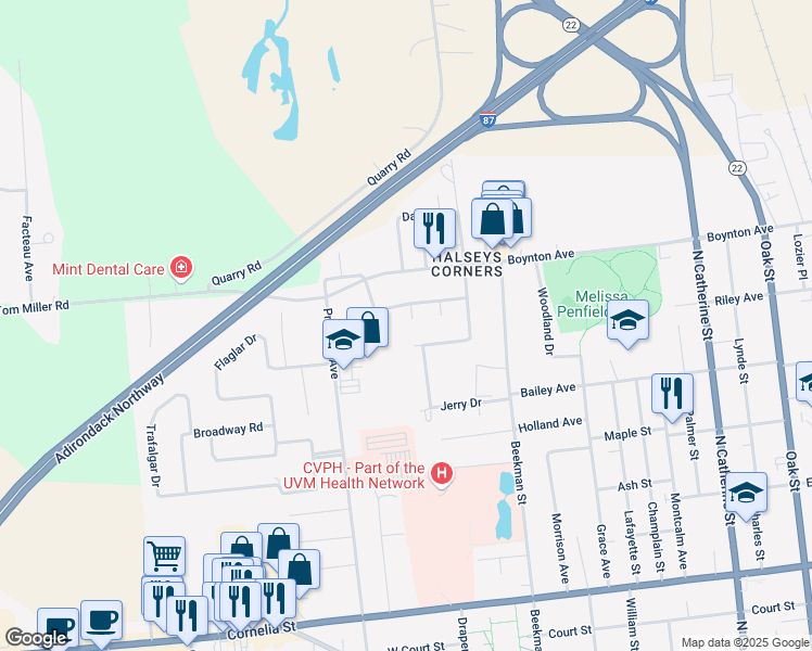 map of restaurants, bars, coffee shops, grocery stores, and more near 4 Circle Grove in Plattsburgh