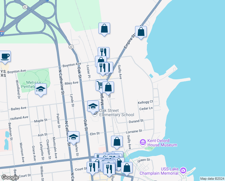 map of restaurants, bars, coffee shops, grocery stores, and more near 120 Miller Street in Plattsburgh