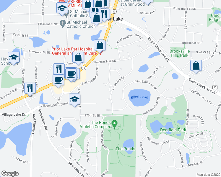 map of restaurants, bars, coffee shops, grocery stores, and more near 16812 Lyons Avenue Southeast in Prior Lake