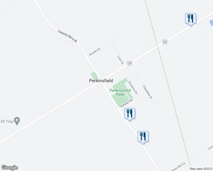 map of restaurants, bars, coffee shops, grocery stores, and more near 9 County Road 6 South in Simcoe County