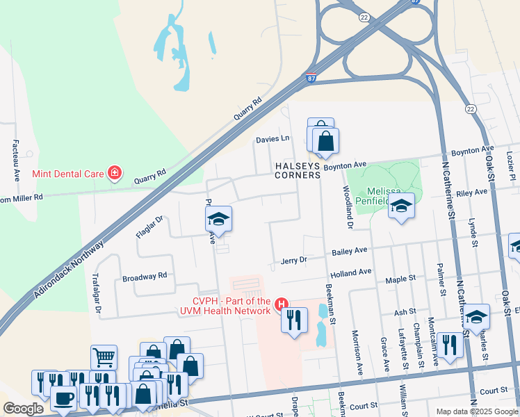 map of restaurants, bars, coffee shops, grocery stores, and more near 4 Circle Grove in Plattsburgh