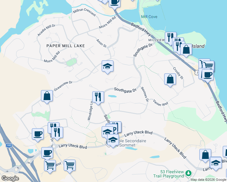 map of restaurants, bars, coffee shops, grocery stores, and more near 320 Bedford Street in Bedford